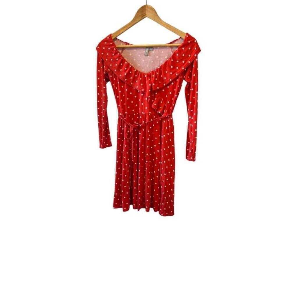 ASOS Red & White Polka Dot Ruffle Neck Stretch 3/4 Sleeve Short Dress 4